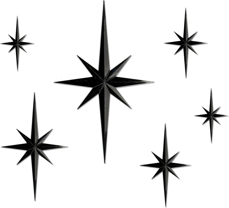 Stylor Mid Century Modern Decor, Mcm Retro 3D Star Art Wall Sculpture, Plastic Starburst Decor, Vintage Celestial Whimsigoth Home Decor Accent. (Set of 6, Black) - Image 1